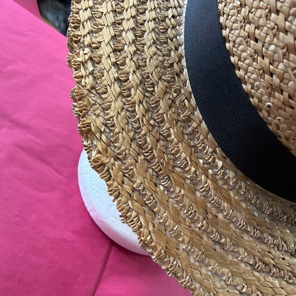 Vintage Straw Boater Hat Pilgrim Fashion Tower Flat Brim Black Ribbon main image 4